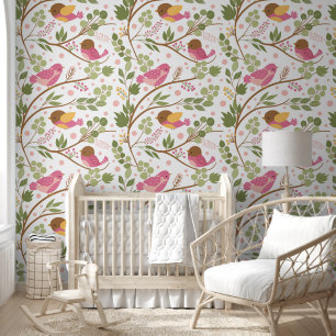 Little Pink Birds on Green Branches Wallpaper