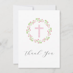 Little Pink Blossoms, Pink Cross Watercolor Wreath Thank You Card