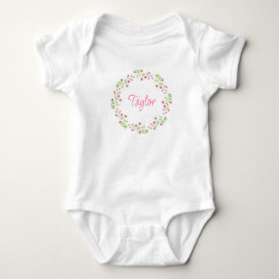 Little Pink Blossoms Watercolor Wreath Baby Bodysuit