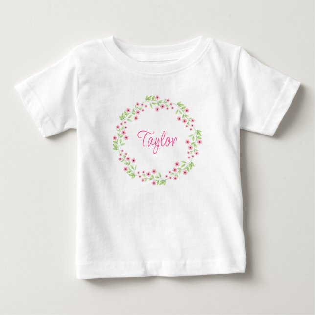 Little Pink Blossoms Watercolor Wreath Baby T-Shirt (Front)