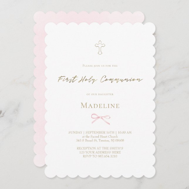 little pink bow First Holy Communion girl Invitation (Front/Back)