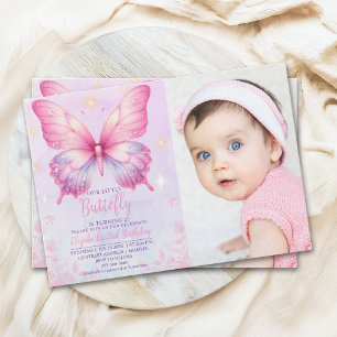 Little Pink Butterfly - Girls' Birthday with Photo Invitation