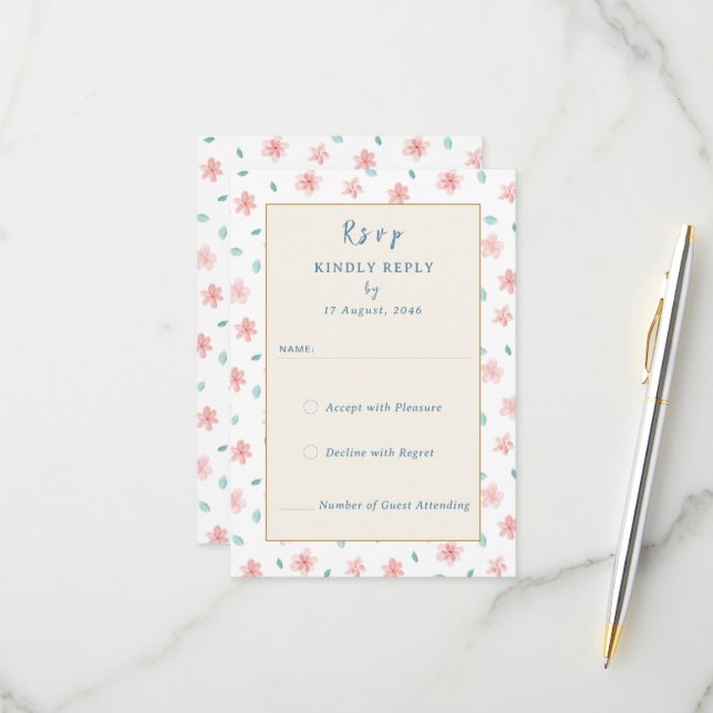 Little Pink Floral wedding Invitation RSVP Cards (Front/Back In Situ)