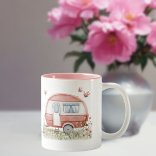 Little Pink Glamper Camper with Butterflies Two-Tone Coffee Mug