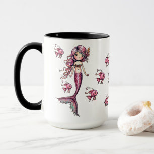 Little Pink Mermaid and Fish Illustration Mug