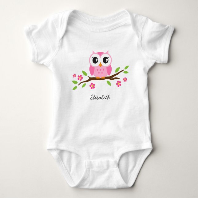 Little pink owl on floral branch personalised name baby bodysuit (Front)