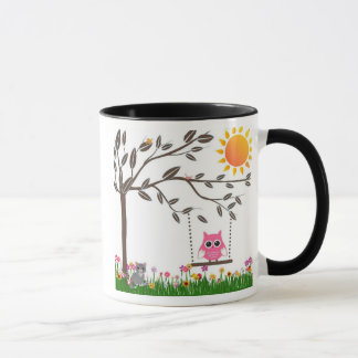 Little Pink Owl Swinging On a Tree Branch Mug