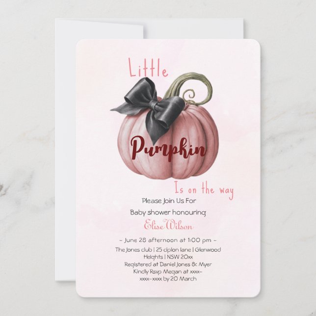 Little pink pumpkin bow is on the way3 invitation (Front)