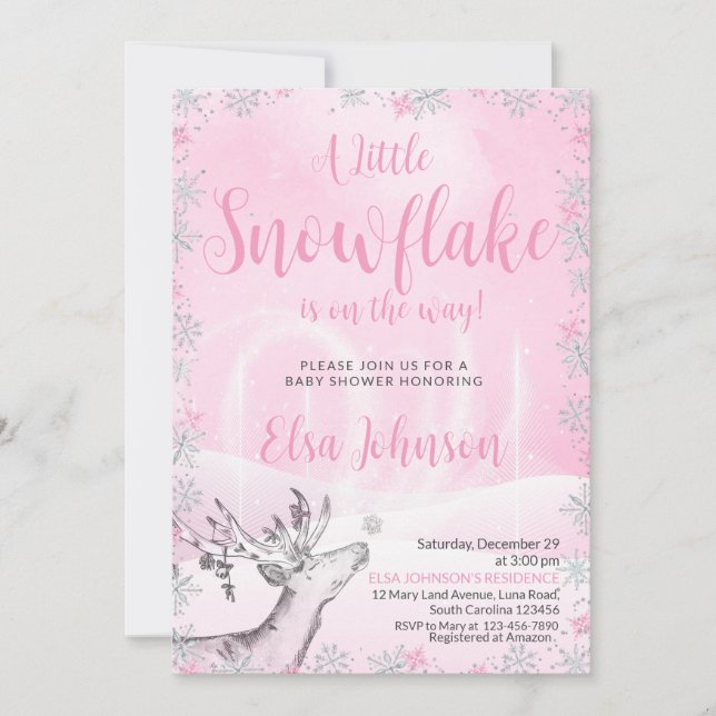 Little Pink Snowflake Girl Baby Shower Invitation  (Front)