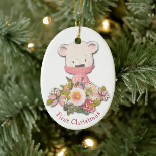 Little Pink Winter Bear Baby's First Christmas Ceramic Ornament