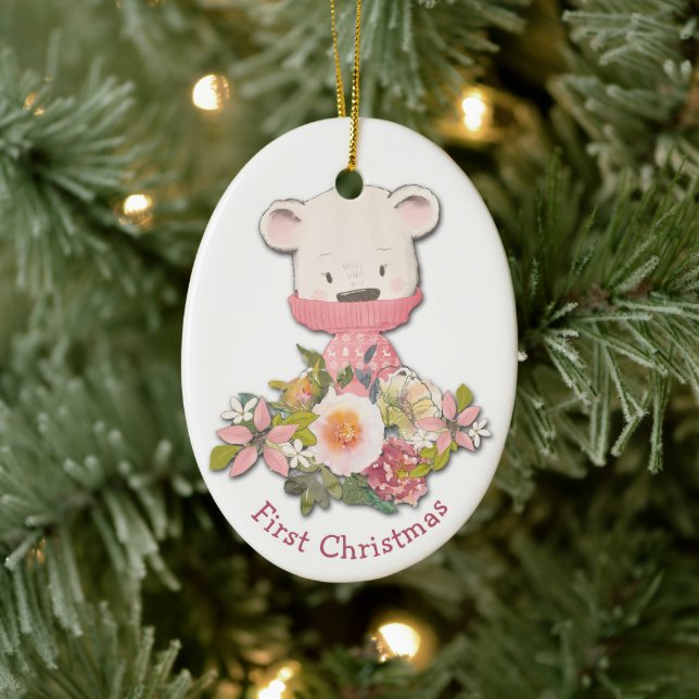 Little Pink Winter Bear Baby's First Christmas Ceramic Ornament (Tree)