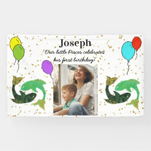 Little Pisces 1st Birthday Gold Flakes Balloons Banner