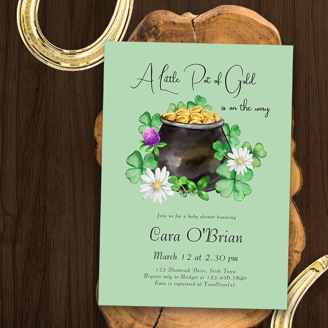 Little Pot of Gold Irish Shamrock Baby Shower Invitation (A Little Pot of Gold is on the Way - Gender Neutral Baby Shower Invite with Lucky Irish theme)