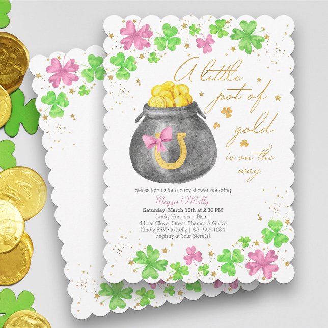 Little Pot of Gold Pink Green Shamrock Baby Shower Invitation (Girl Baby Shower with Pink Shamrocks and St Patricks theme - available printed or printable download)