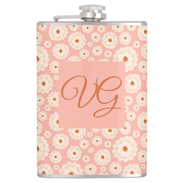 Little Powder Pink Flowers  Monogram Hip Flask (Front)