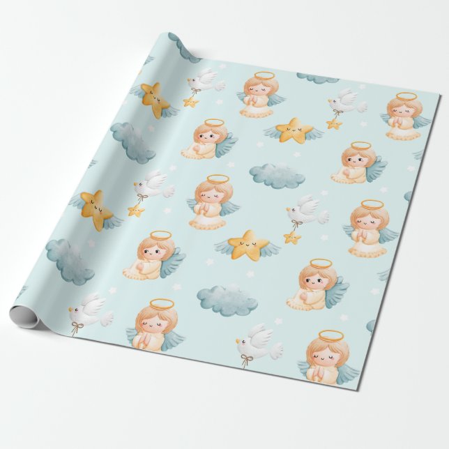 Little Praying Angel Girl Blue  Wrapping Paper (Unrolled)