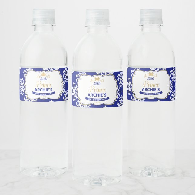 Little Prince 1st Birthday Party Royal Blue Favor Water Bottle Label (Bottles)