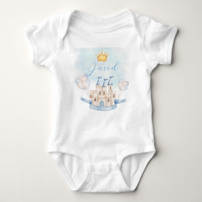 Little Prince baby birthday gold crown blue castle Bodysuit (Front)