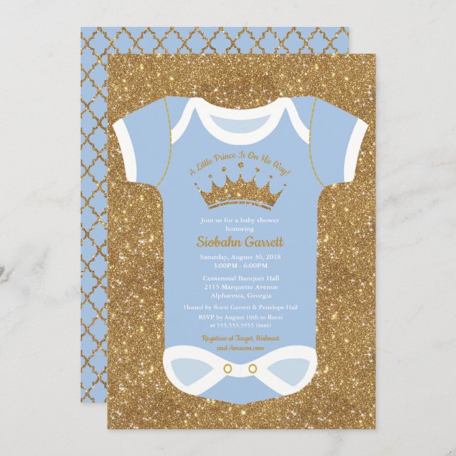 Little Prince Baby Blue & Royal Gold Baby Shower Invitation (Front/Back)