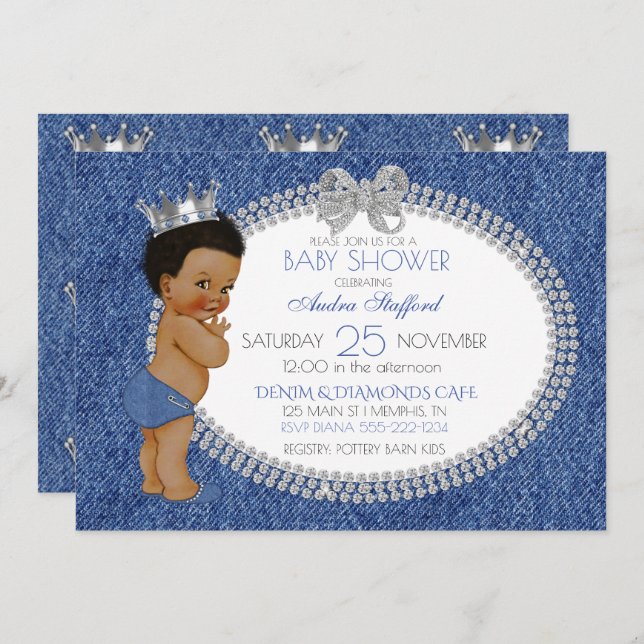 Little Prince Baby Boy Denim & Diamonds Invitation (Front/Back)