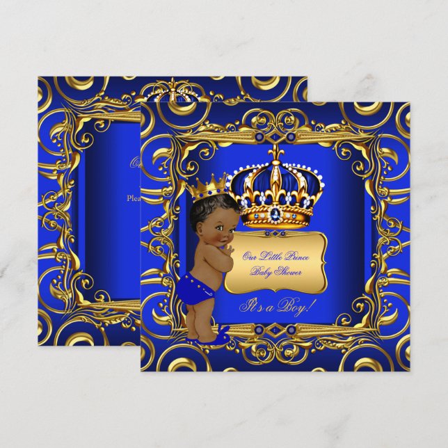 Little Prince Baby Shower Blue African American Invitation (Front/Back)