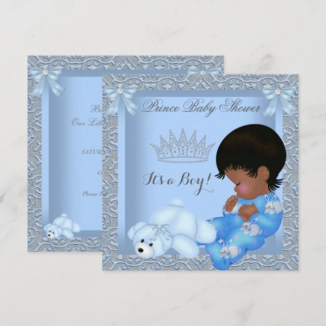 Little Prince Baby Shower Boy Blue Damask AM Invitation (Front/Back)