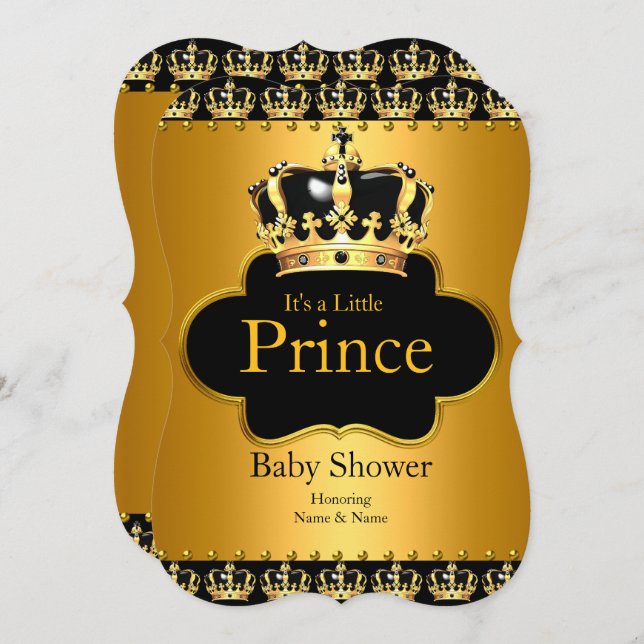 Little Prince Baby Shower Boy Crown Black Gold Invitation (Front/Back)