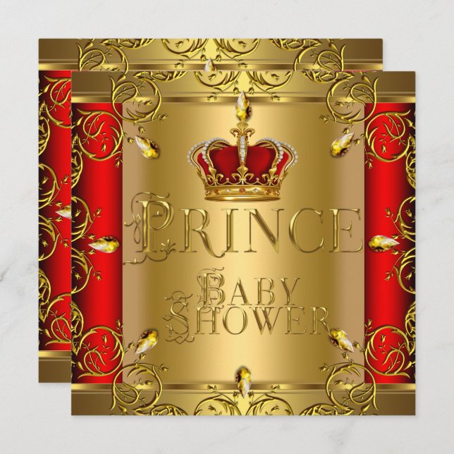 Little Prince Baby Shower Boy Red Gold Crown Invitation (Front/Back)