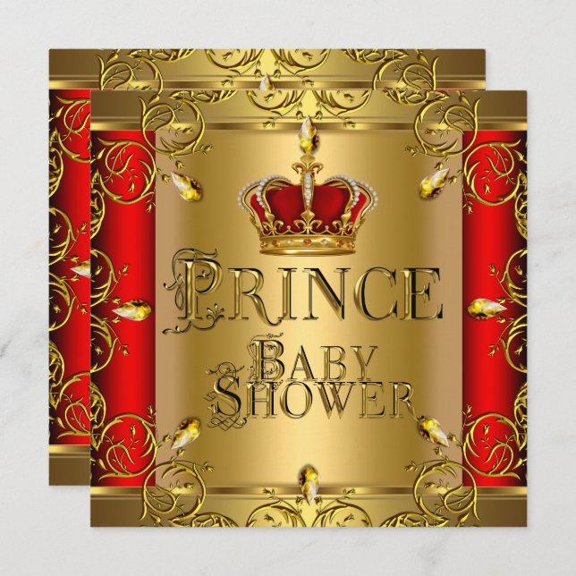 Little Prince Baby Shower Boy Regal Red Gold Crown Invitation (Front/Back)