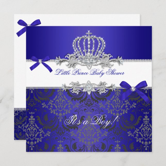 Little Prince Baby Shower Boy Royal Blue Crown Invitation (Front/Back)