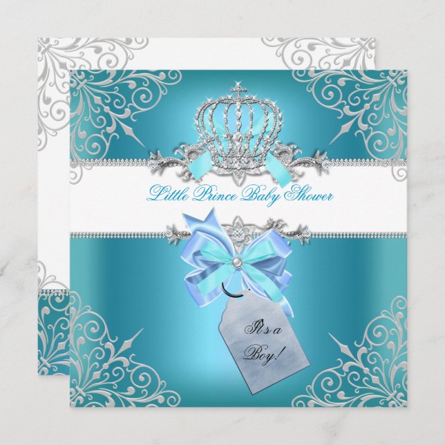 Little Prince Baby Shower Boy Teal Blue Crown 6 Invitation (Front/Back)