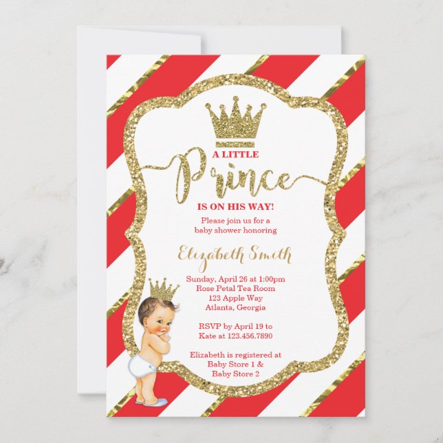 Little Prince Baby Shower Invite, Faux Glitter Invitation (Front)
