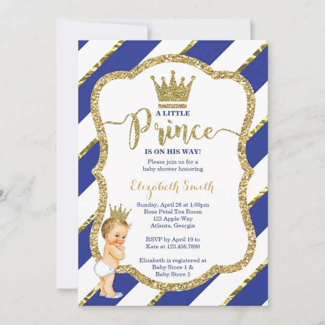 Little Prince Baby Shower Invite, Faux Glitter Invitation (Front)