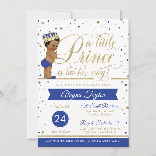 Little Prince Baby Shower Invite, Faux Glitter Invitation (Front)