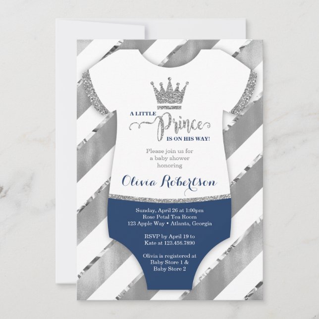 Little Prince Baby Shower Invite, Faux Glitter Invitation (Front)