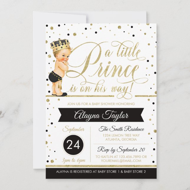 Little Prince Baby Shower Invite, Faux Glitter Invitation (Front)
