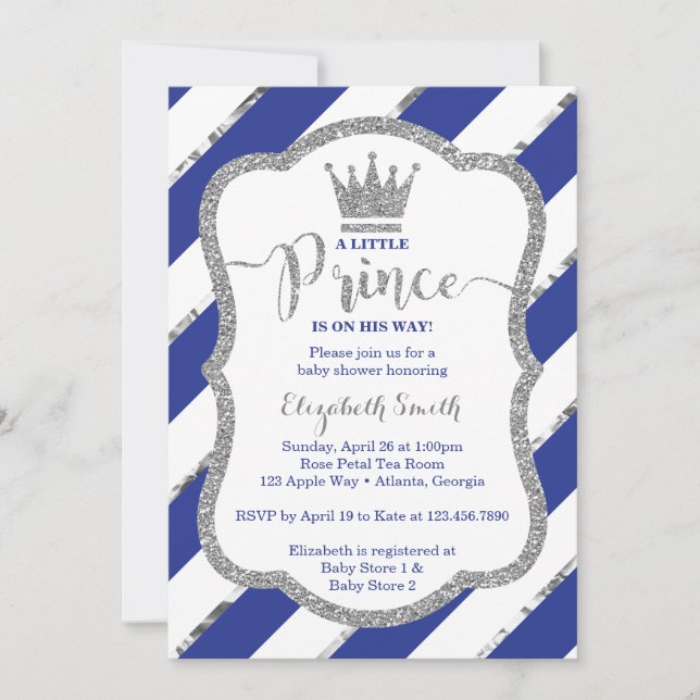 Little Prince Baby Shower Invite, Faux Glitter Invitation (Front)
