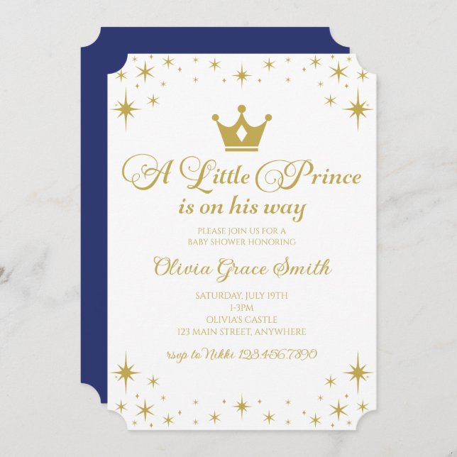 Little Prince Baby Shower Royal Blue Gold Invitation (Front/Back)