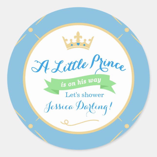 Little Prince Baby Shower Stickers | Blue + Green (Front)