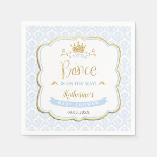 Little Prince Blue Damask Gold Crown Baby Shower Napkin