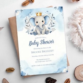 Little Prince Blue Floral Elephant Baby Shower Invitation