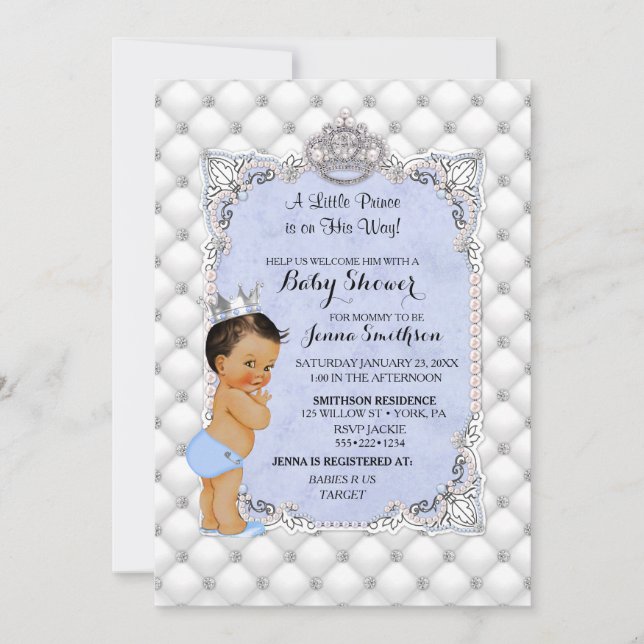 Little Prince Blue Pearls Diamonds Baby Boy Invitation (Front)