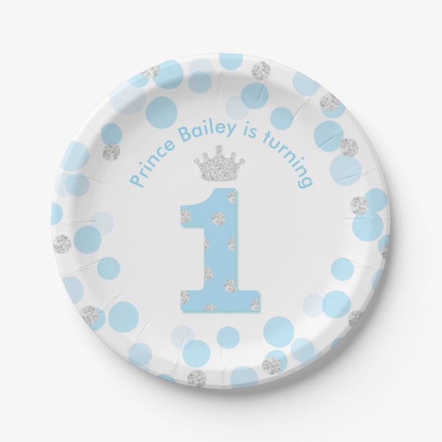 Little Prince Blue Silver 1st Birthday Party Paper Paper Plate (Front)