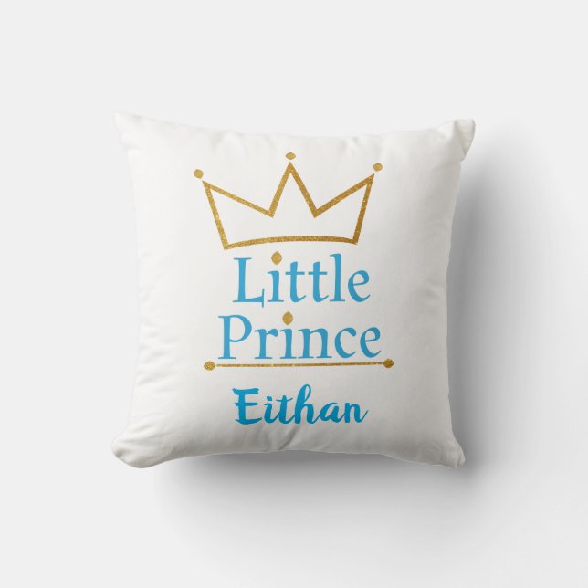 Little Prince Blue text and Gold Crown Cushion (Front)