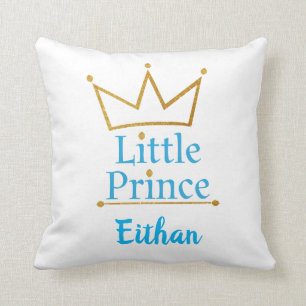 Little Prince Blue text and Gold Crown Cushion
