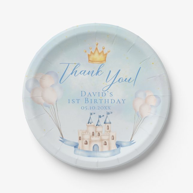 Little Prince Fairytale Castle Crown 1st Birthday Paper Plate (Front)