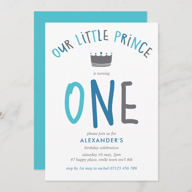 Little Prince First Birthday Blue Party Invitation (Front/Back)