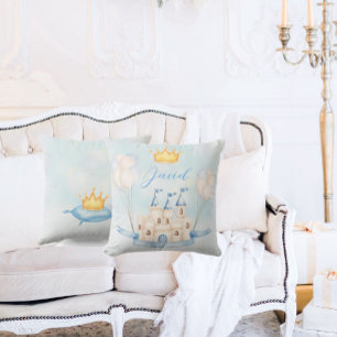 Little Prince gold crown Watercolor castle blue Cushion