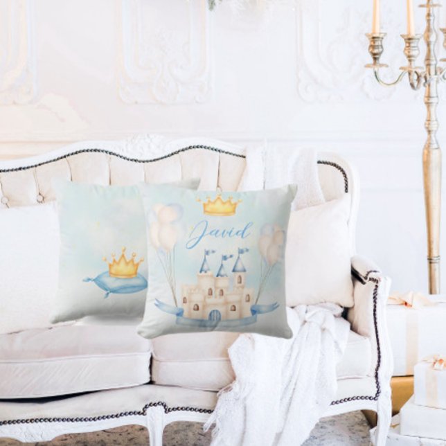 Little Prince gold crown Watercolor castle blue Cushion (Creator Uploaded)