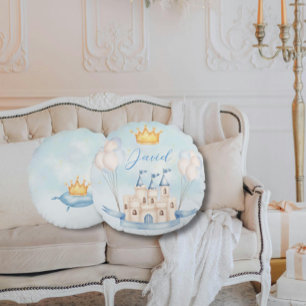 Little Prince gold crown Watercolor castle blue Round Cushion